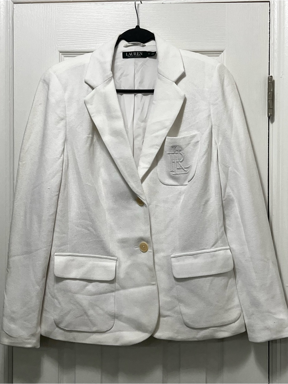 Lauren Ralph Lauren White Single-Breasted Embroidered Crest Blazer Jacket